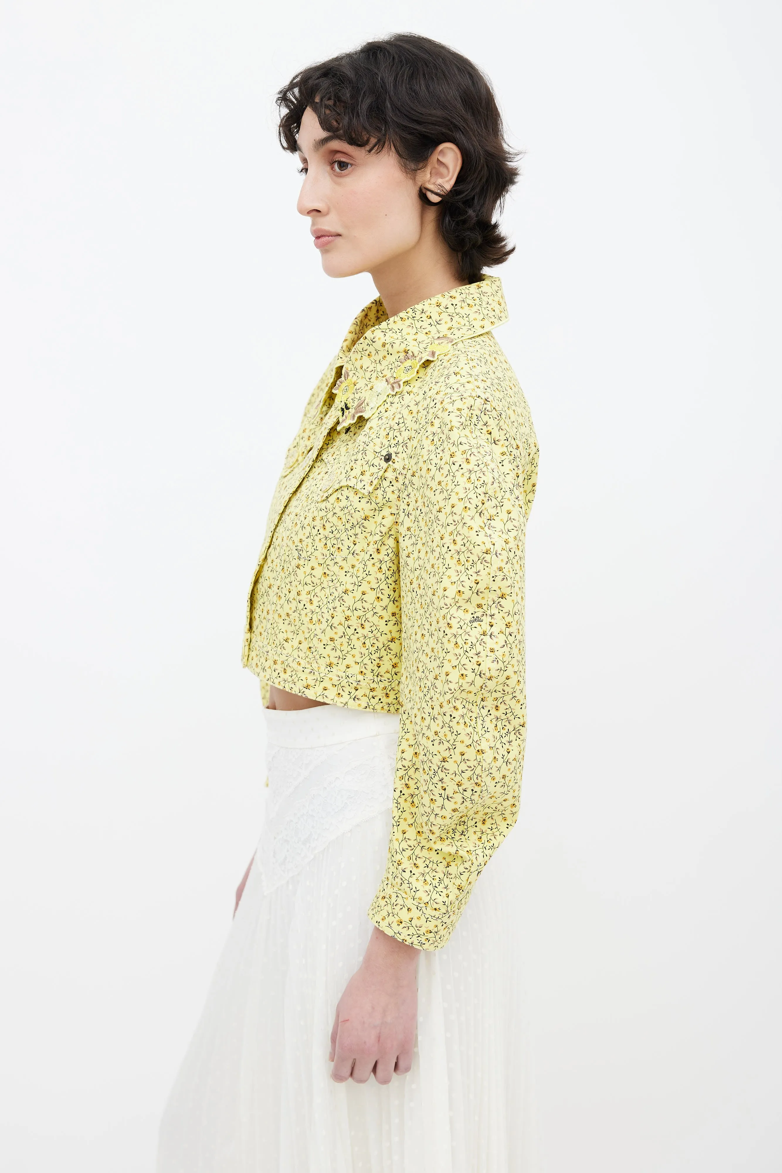 Yellow Cotton Floral Print Cropped Jacket