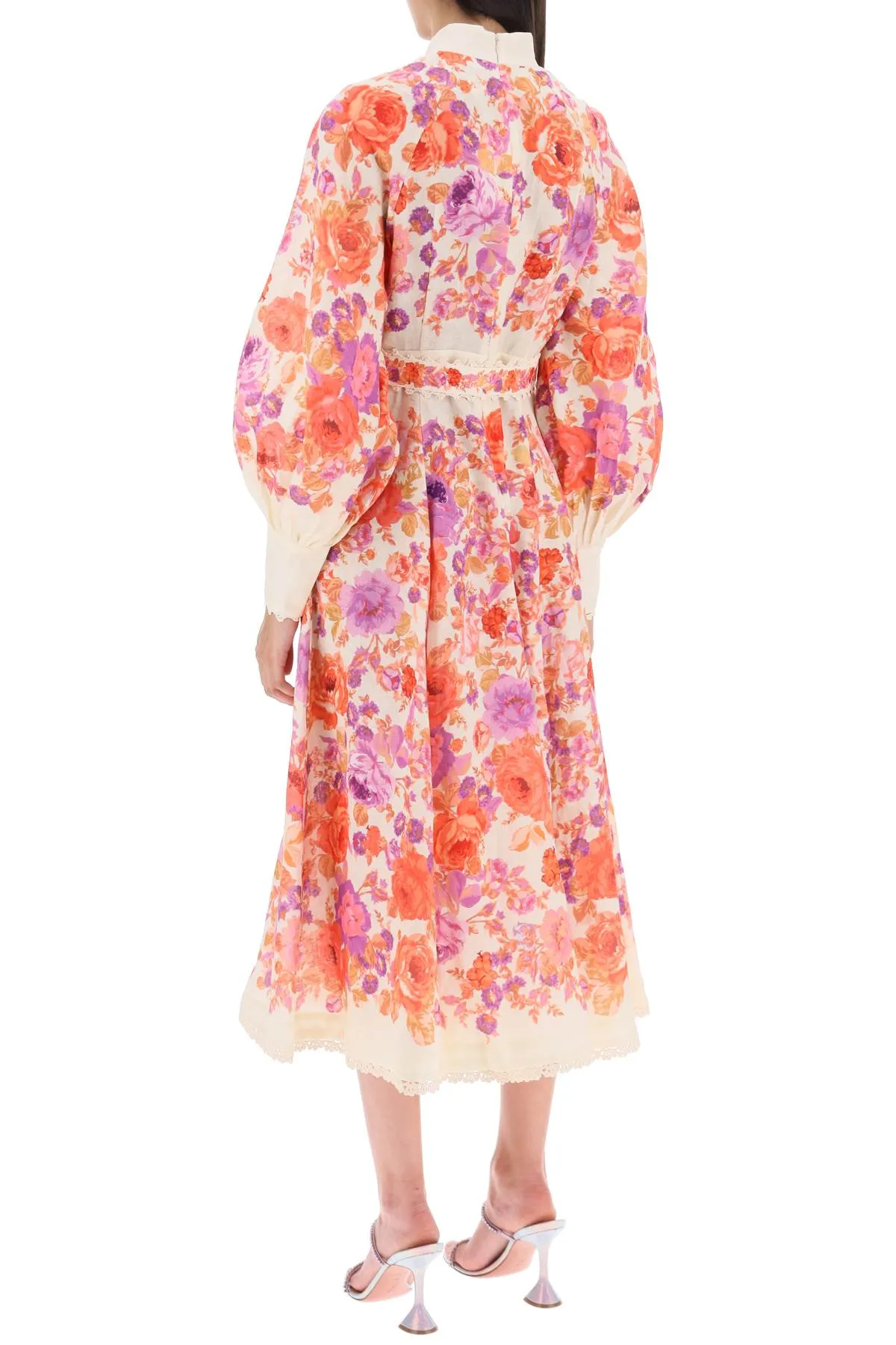 Zimmermann 'raie billow' midi dress in linen with floral motif